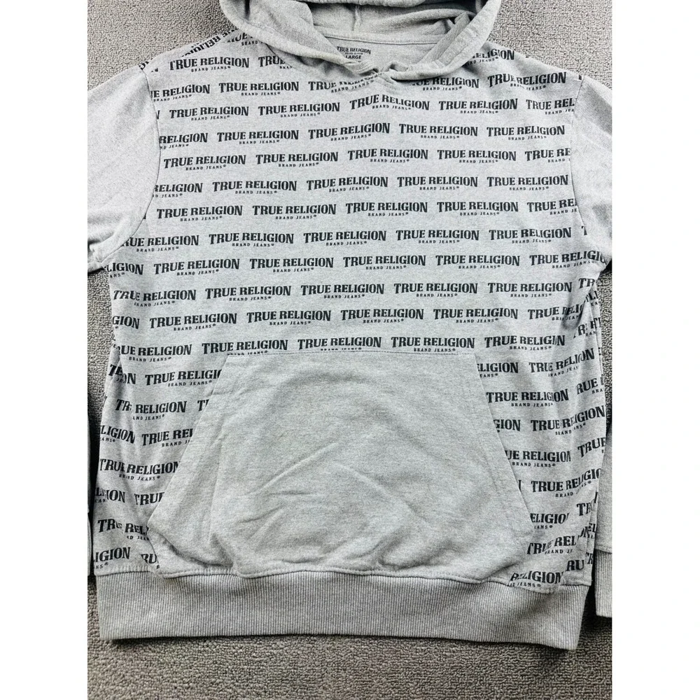 True Religion Hoodie Men L Gray Heather Pullover Sweatshirt All Over Print Urban